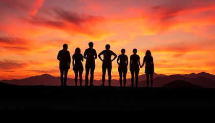 Fototapeta premium Silhouetted group of friends at sunset against mountain backdrop