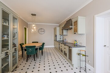 interior apartment kitchen and dining room, refectory area, cooking equipment, table furniture, stove