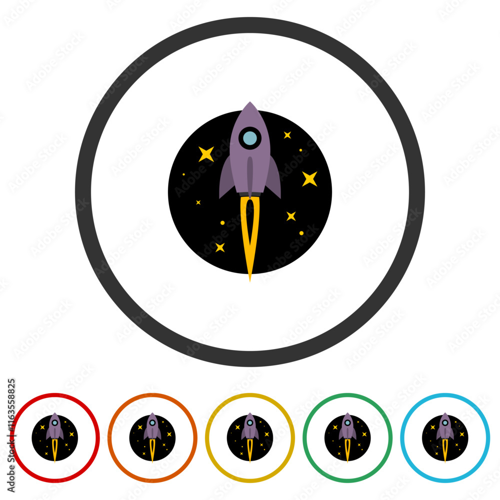Poster rocket ship color icon. set icons in color circle buttons