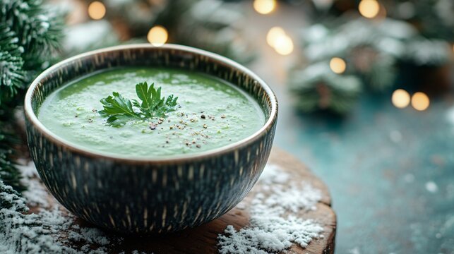 A cozy bowl of celery soup, isolated on a rustic table with a wintery backdrop of snowflakes and evergreens