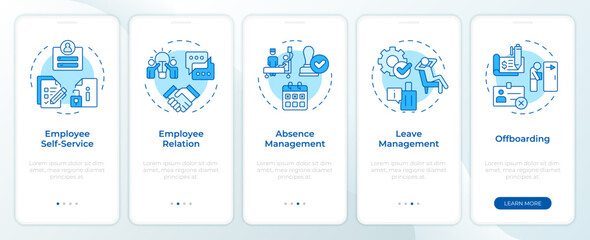Operational HR blue onboarding mobile app screen. Human resource. Walkthrough 5 steps editable graphic instructions with linear concepts. UI, UX, GUI template. Montserrat SemiBold, Regular fonts used