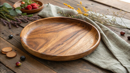 A wooden plate is used as a background in a stock photo, providing a rustic and natural setting for food or product photography