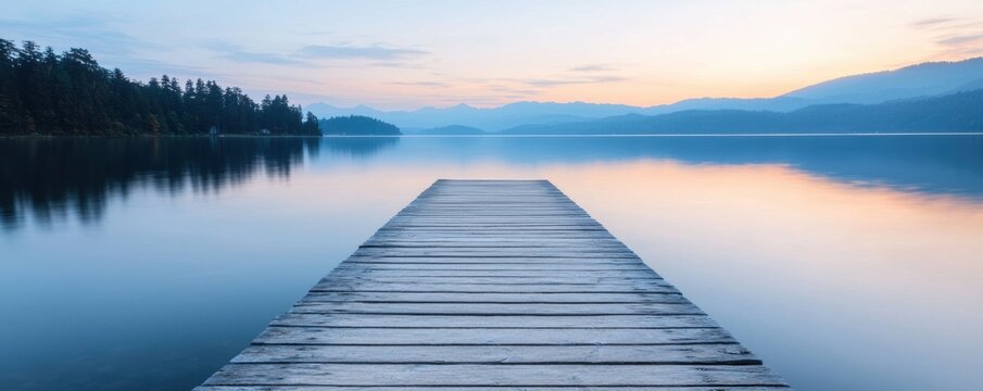 Fototapeta A serene wooden pier extends into a calm lake, reflecting soft hues of dawn while surrounded by tranquil mountains and lush trees.