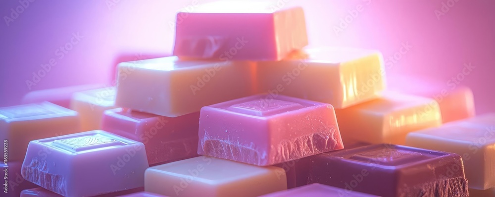 Poster pastel chocolates idea. a vibrant assortment of colorful candy bars stacked creatively on a bright b