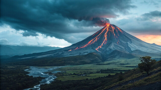 balance of calm and power as a volcano gracefully transition eruption lava