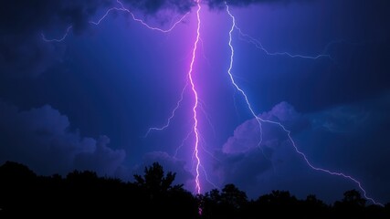 A Dramatic Night Sky Display of Vivid Purple Lightning Bolts Striking Over a Silhouetted Treeline