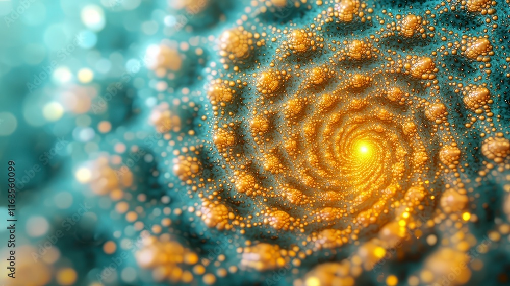 Poster beautiful abstract spiral pattern with golden particles and soft blue background
