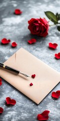 blank envelope, fountain pen amid rose petals and single flower. Valentine mood