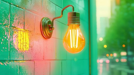 Vintage Light Bulb Glowing on Wall in Urban Setting with Colorful Reflections