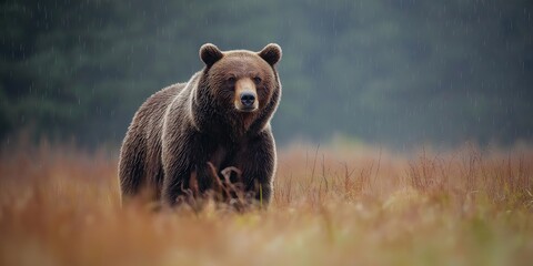 Fototapeta premium A powerful grizzly bear standing in a meadow during a light summer rain