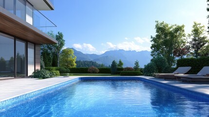 Modern swimming pool design with cool mountain vistas in the distance, peaceful and inviting.