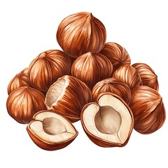 A Watercolor Illustration of a Pile of Hazelnuts, Some Whole and Some Halved, Isolated on White.