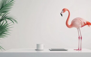 A flamingo balancing on one leg, next to a modern desk with a cup of coffee and a tablet, all set against a minimalist white background with a hint of green for a fresh, stylish workspace