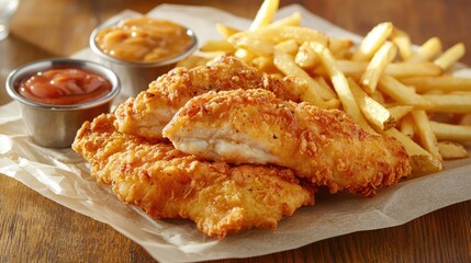 Plate of crispy breaded chicken fillets with golden fries and dipping sauces, served on parchment paper on a wooden table. Vertical view.