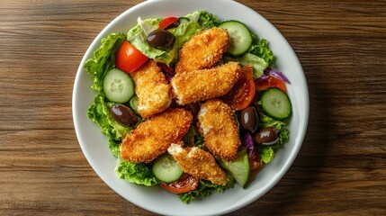 Plate of fried breaded cheese salad with fresh tomato, olive, cucumber, and lettuce on a wooden table. Vertical top view.