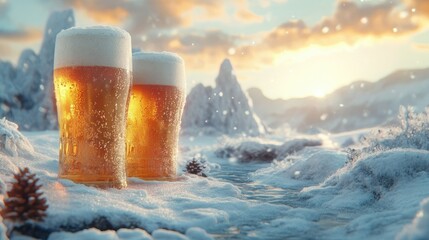 Refreshing beer glasses in a snowy mountain setting, inviting relaxation and scenic beauty.