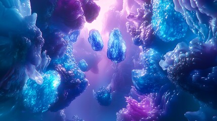 Fototapeta premium A smooth, dynamic 3D environment filled with floating abstract shapes in blue and purple gradients, glowing softly.