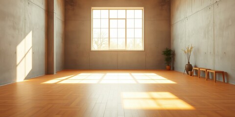 Obraz premium Sunlit Empty Room with Hardwood Floor and Concrete Walls