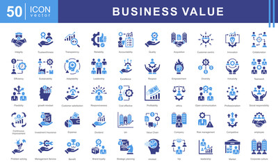 Business Value theme icon set visually represents the core principles of creating, delivering, and measuring value in a business context. Designed with a sleek and professional aesthetic.