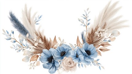 Elegant Watercolor Floral Arrangement with Pampas Grass and Blue Flowers