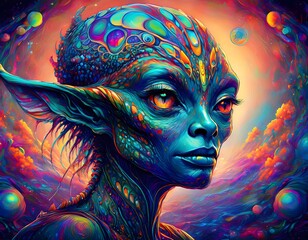 Digital Painting of an Alienoid Female Figure Against a Cosmic Background