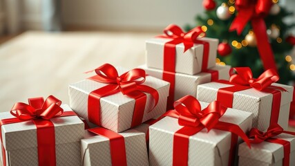 Fototapeta premium A pile of elegantly wrapped gifts with red ribbons sits near a decorated Christmas tree