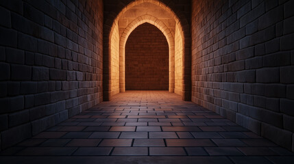 Dimly lit medieval stone hallway with arched doorway and warm glow