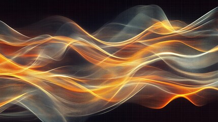 Fototapeta premium Abstract wavy flowing lines of orange and gray light on a dark background.