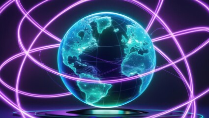 Obraz premium Glowing Holographic Globe with Intersecting Light Trails Symbolizing Networks