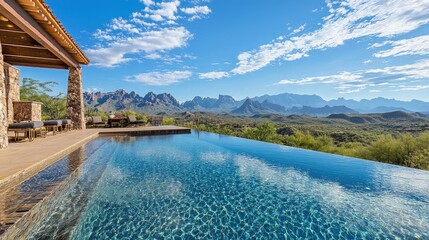Obraz premium Scenic poolside with a crystal-clear pool and breathtaking cool mountain views beyond.