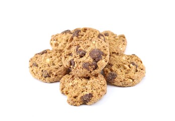 Granola cookies with chocolate chips on white background.