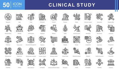 Clinical study icon collection set. Containing adverse event, baseline, double blind, blinding, case report form, endpoint, clinical trial icon.