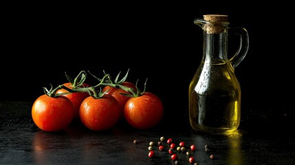 Spices, fresh tomatoes, and olive oil on a dark black background, leaving space for text, perfect for food web banners.