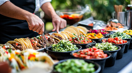 Obraz premium variety of delicious street food is displayed on a table at a market.