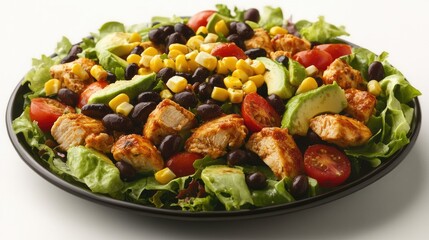 Fototapeta premium Tex-Mex Santa Fe chicken salad with lettuce, tomatoes, corn, black beans, avocado, and olives on a plate. Horizontal view.