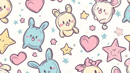 Adorable Cartoon Bunnies Hearts and Stars Pattern