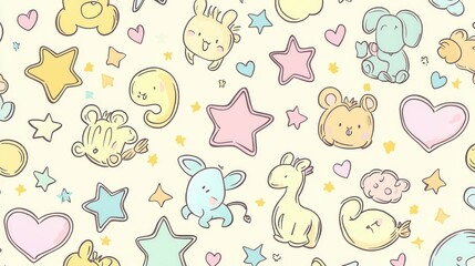 Adorable pastel animals and stars playful pattern design