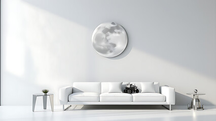 Contemporary living space featuring a white sofa, sleek decor, and ample natural lighting, creating an inviting minimalist atmosphere
