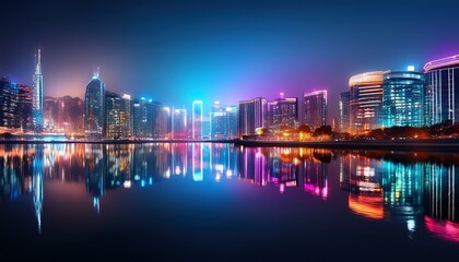 Obraz premium night view of the city, reflection of city buildings at night with colorful lights