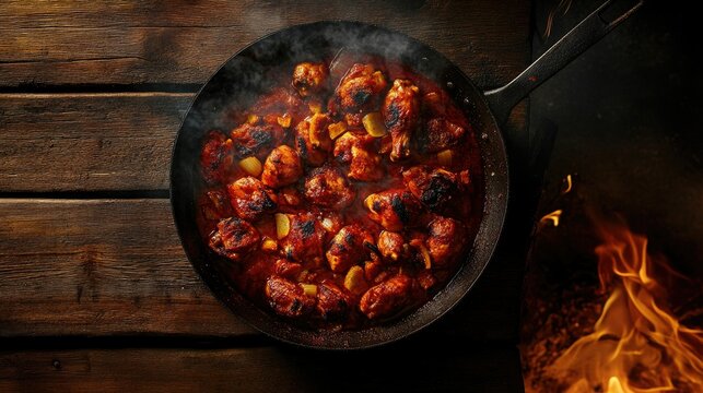Traditional buldak barbecued chicken with bold spices, presented in a pan on a wooden table. Horizontal top view.