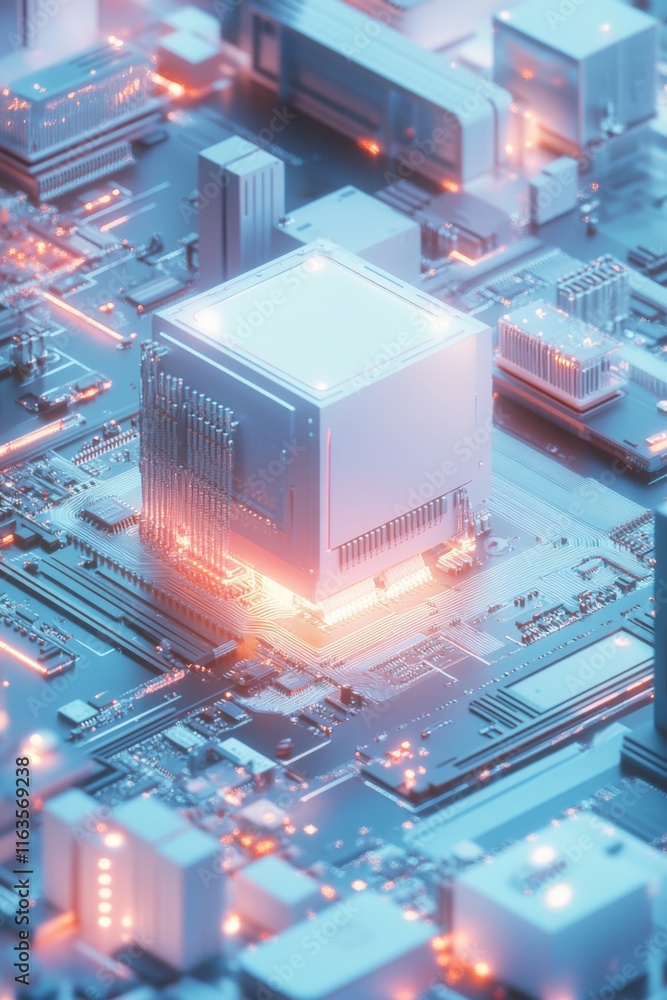 Poster abstract futuristic technology circuit board with glowing central processing unit