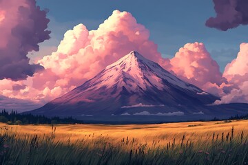 Fototapeta premium Majestic Mountain Peak Under Pink Sunset Clouds