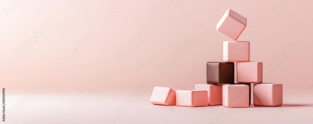 Poster pastel chocolates concept. colorful blocks stacked creatively on a soft pink backdrop, ideal for des