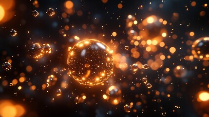 Obraz premium Abstract glowing spheres with golden light particles in dark background.