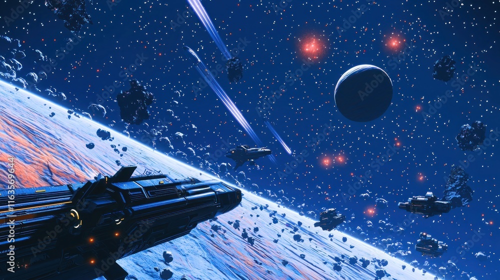 Poster spaceships navigate asteroid field near planet