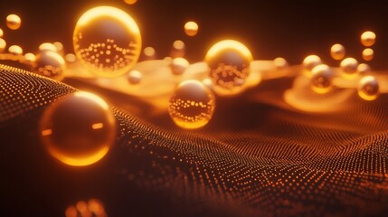 Abstract digital art of glowing spheres floating above a textured surface.