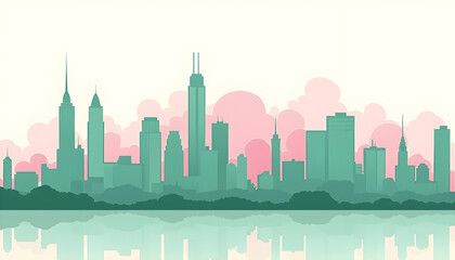 Fondo de skyline de una ciudad moderna en tonos pastel verdes y rosas. Reflejo del r&iacute;o.