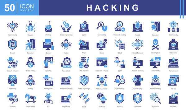 Hacking icon collection set. Containing hacker activity, artificial intelligence, cloud technology, worm virus, hacking, phishing, encryption icon.