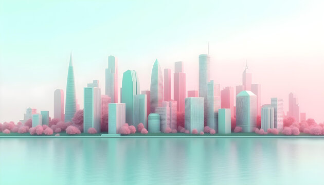 Fondo de skyline de una ciudad moderna en tonos pastel verdes y rosas. Reflejo del r&iacute;o.