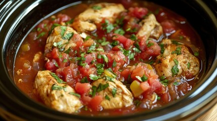 Warm and hearty Mexican chicken with rich tomato salsa, served in a traditional crockpot-style bowl on wood.